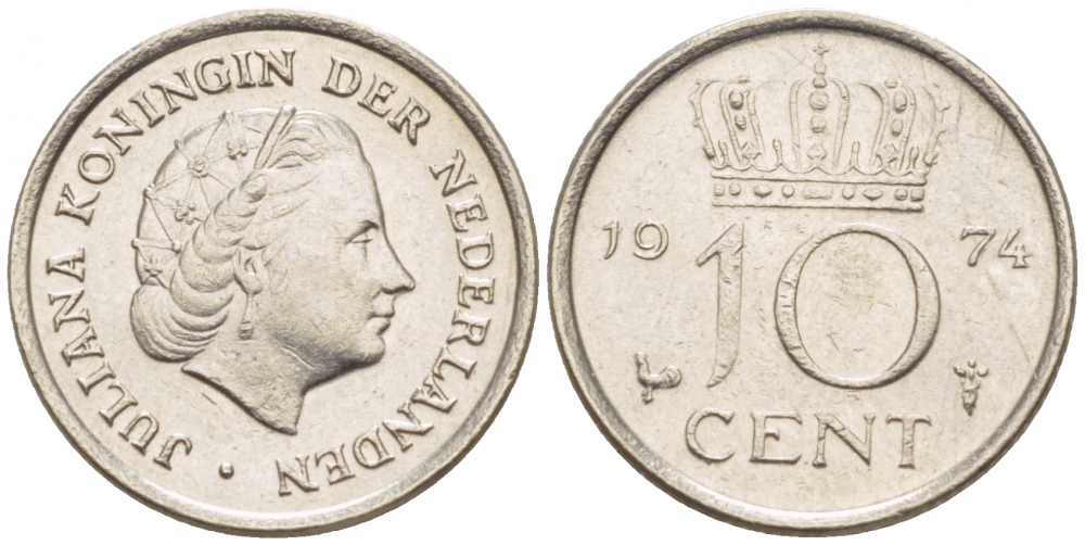 НИДЕРЛАНДЫ 10 ЦЕНТОВ 1974 ЮЛИАНА KM 182 никель 4547-846