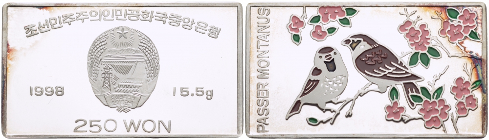 Северная Корея 250 вонов 1998 полевой воробей, цветная эмаль, монета прямоугольной формы, размер 42Х24 мм.,   серебро  PROOF  01-147-23