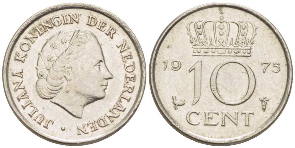 НИДЕРЛАНДЫ 10 ЦЕНТОВ 1975 ЮЛИАНА (1948-1980) KM 182 никель 116-927