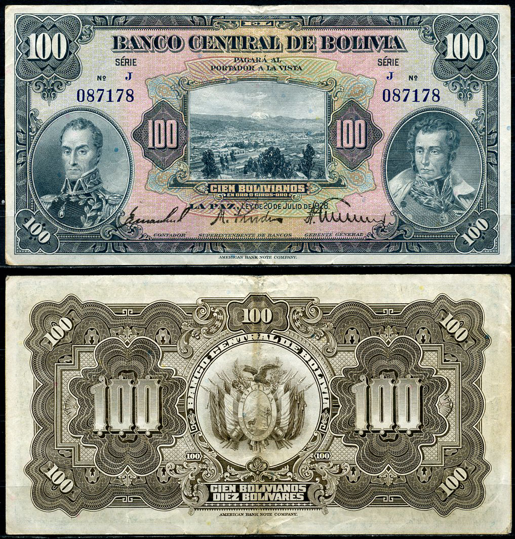 Боливия 100 боливиано 1928 серия J, Симон Боливар и Антонио Хосе Сукре Pick 125 a (6)  бумага   6285-46-1-1