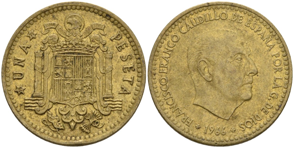 Испания 1 песета 1966 (72) Франсиско Франко (1939-1975) KM 796 алюминиевая бронза 4604-135