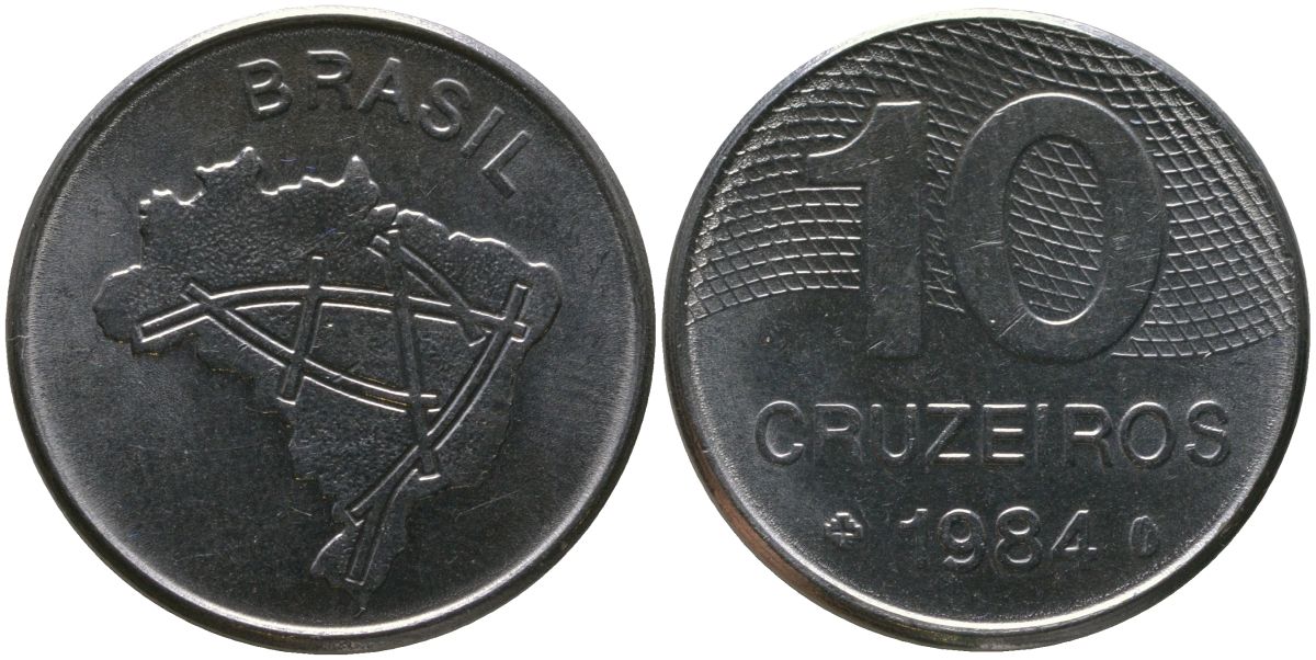 Бразилия 10 крузейро 1984 KM 592.1, Schon 101 нержавеющая сталь aUNC 4519-216