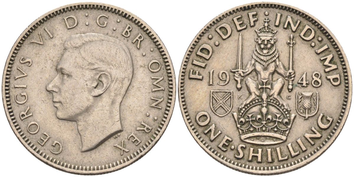 Великобритания 1 шиллинг 1948 Георг VI (1936-1952), Шотландский герб KM 864, Spink 4104 медно-никель 4126-352