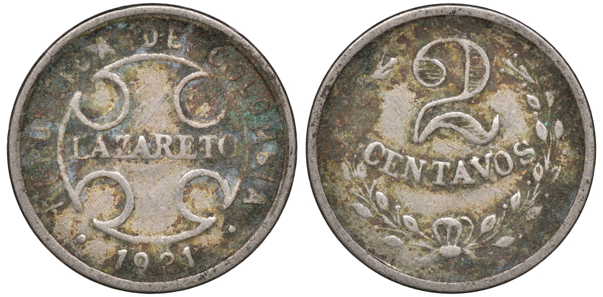 Колумбия 2 сентаво 1921 государственный лепрозорий KM L10 медно-никель 53-1026