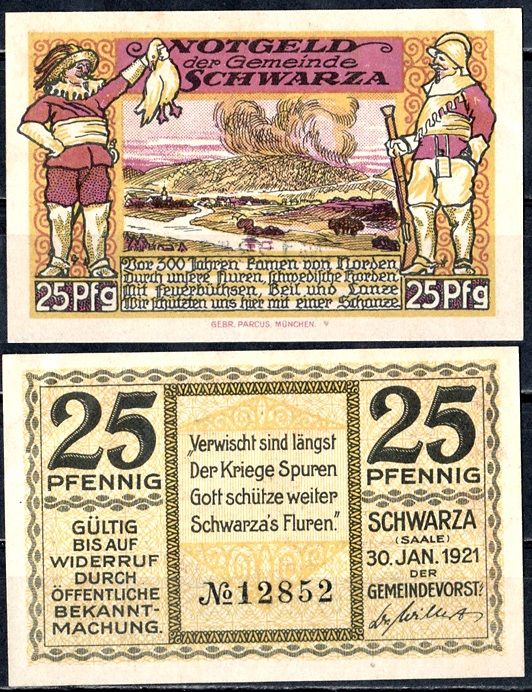 Шварца-ан-дер-Заале (Тюрингия) 25 пфеннигов 1921 Mehl Grabowski 1207-2/3 бумага UNC (пресс) 7556-60-1-1