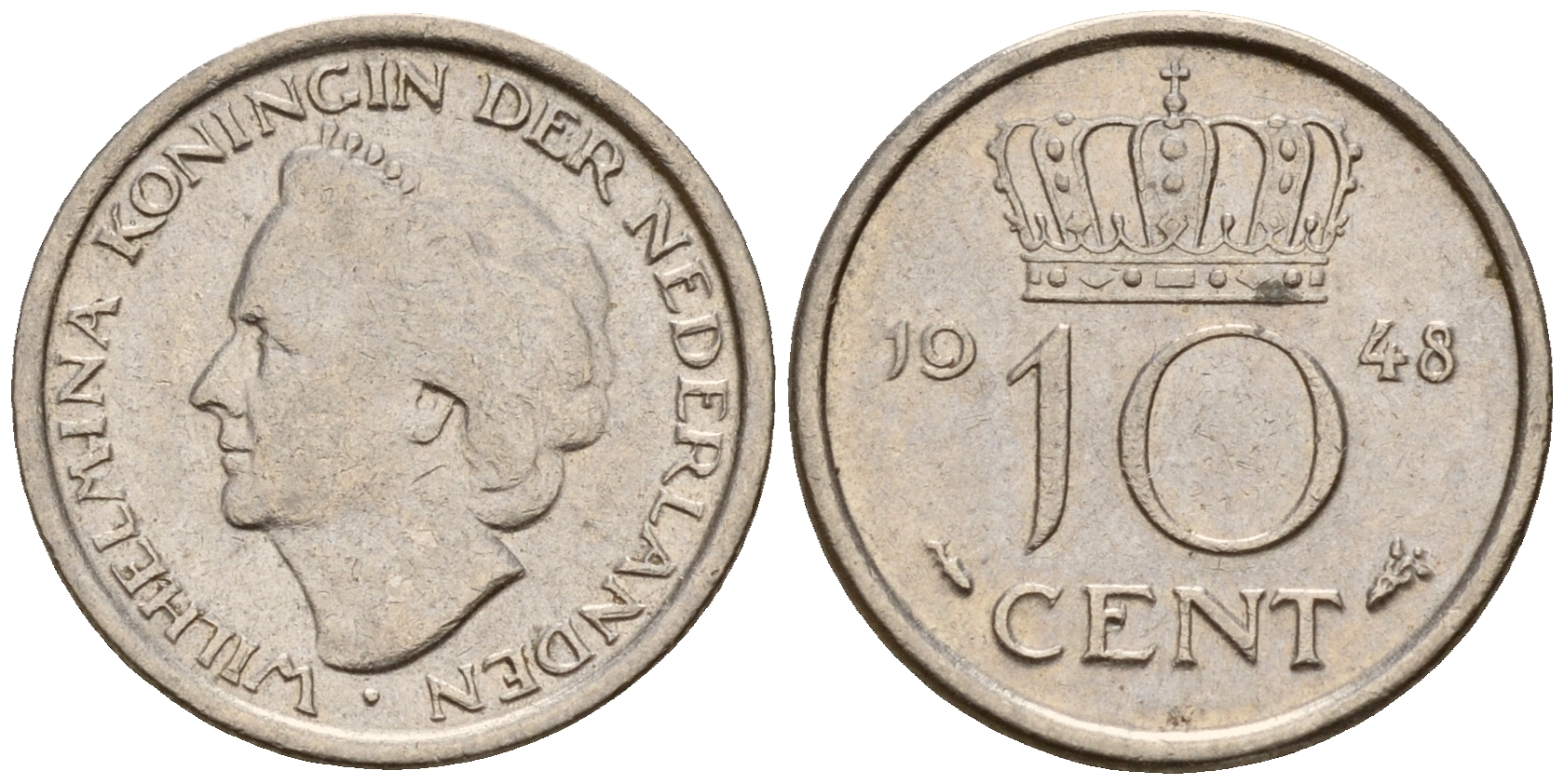 Нидерланды 10 центов 1948 Вильгельмина I (1890-1948) KM 177 никель    4189-162