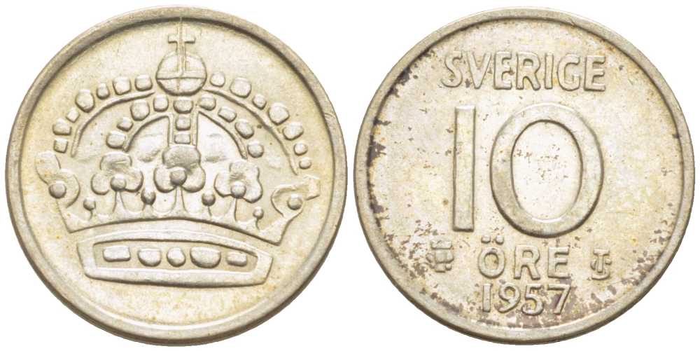 Швеция 10 эре 1957 TS, Густав VI Адольф (1950-1973) KM 823 серебро 116-1216