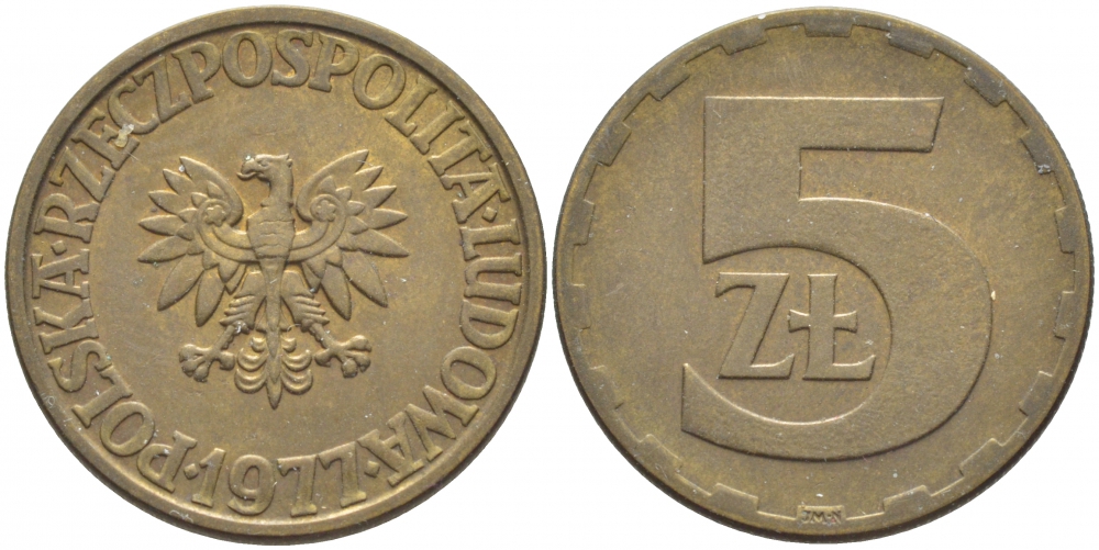 Польша 5 злотых 1977 монетный двор Ленинград (ЛМД) KM 81.1, Parchimowicz 221c латунь 3856-527