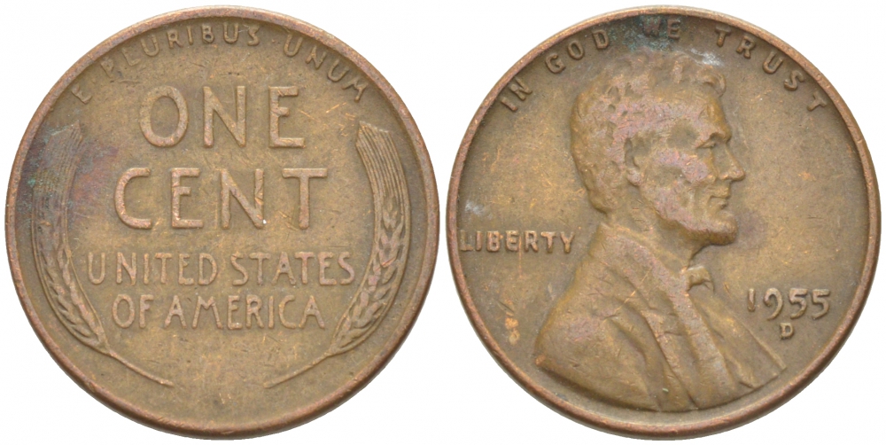 США 1 ЦЕНТ 1955 D, ЛИНКОЛЬН KM А132 медь цинк 218-259