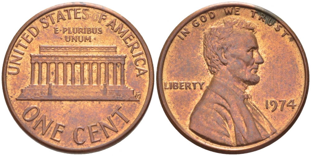 США 1 ЦЕНТ 1974 ЛИНКОЛЬН KM 201 медь цинк UNC 3309-253