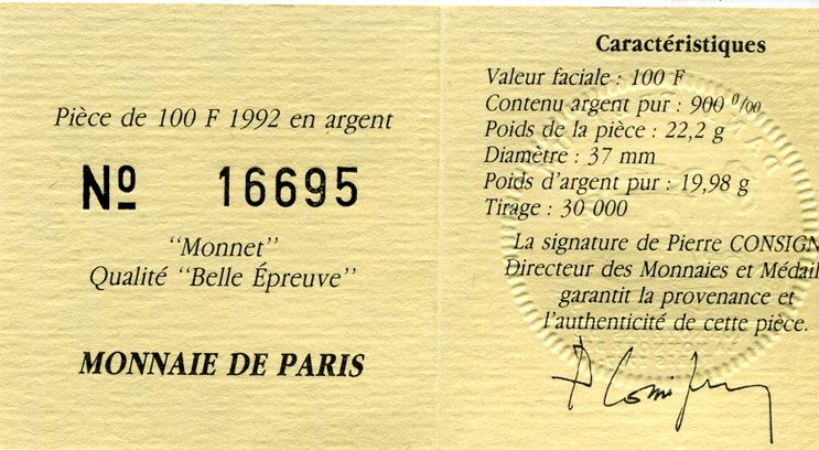 Франция 100 франков - 15 экю 1992 Жан Моне, в оригинальной коробке с сертификатом KM 1012 серебро PROOF 7-5-6-35