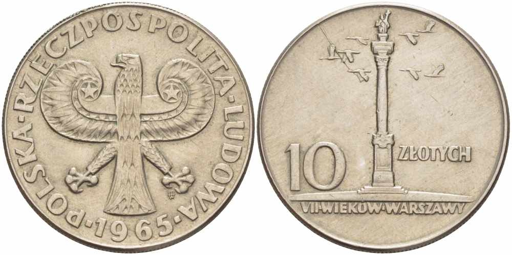 Польша 10 злотых 1965 MW, 700 лет Варшаве, Колонна Сигизмунда KM 55 медно-никель 109-611