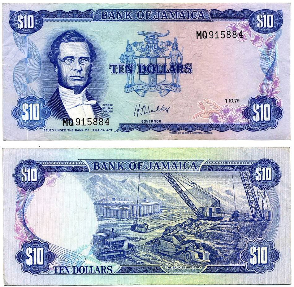 Ямайка 10 долларов 1979 1 октября 1979, Георг ВИЛЬЯМ ГОРДОН Pick 67а бумага 6299-25-3-2
