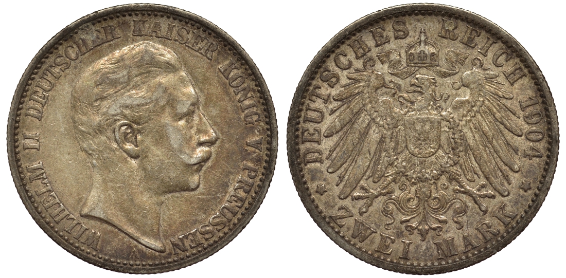 Пруссия 2 марки 1904 A, Вильгельм II (1888-1918) J.102, Weege 101, KM 522 серебро 02-014-25