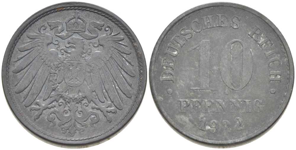 ГЕРМАНИЯ 10 ПФЕННИНГОВ 1922 KM 26, J.299, Weege 8 цинк 202-224