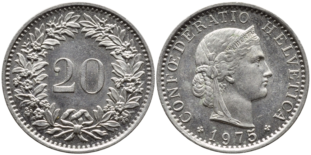 Швейцария 20 раппенов 1975 KM 29а медно-никель 4391-1054