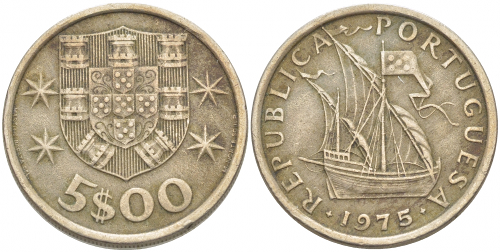 ПОРТУГАЛИЯ 5 ЭСКУДО 1975 KM 591 медно-никель 3718-457