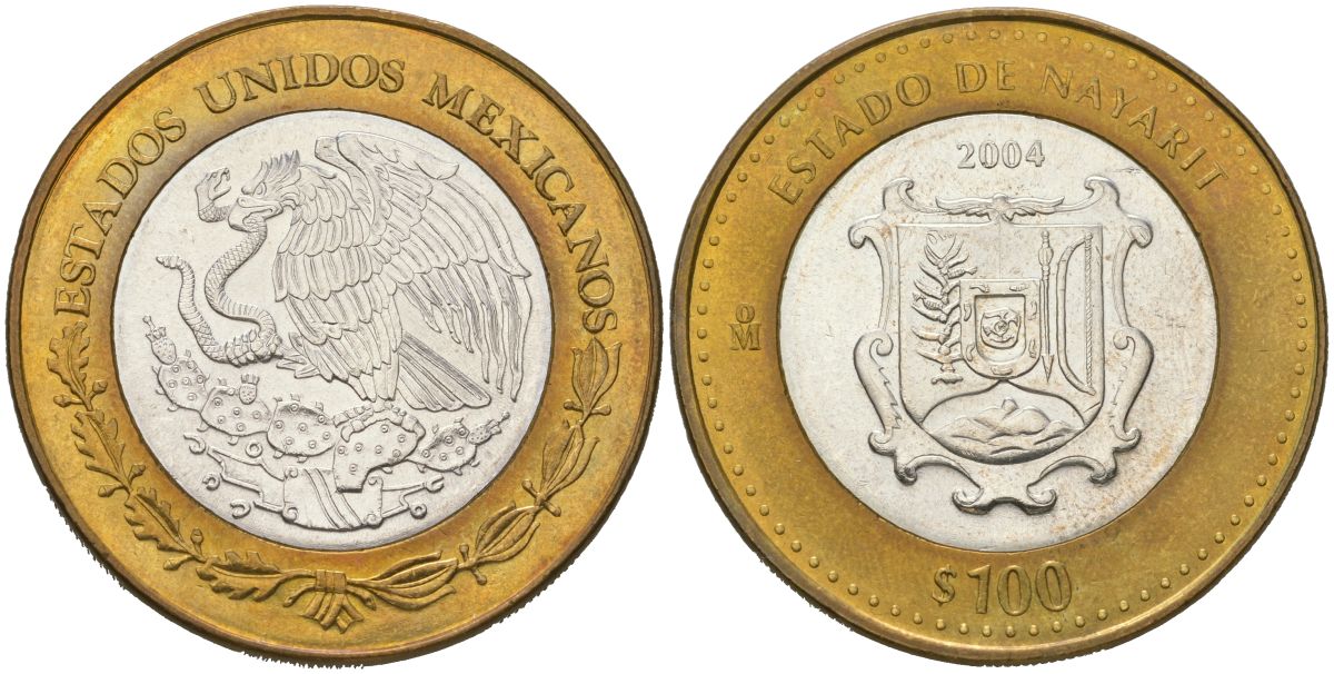 Мексика 100 песо 2004 180 лет Федерации - Наярит KM 744 биметалл, серебро BU 00-1067-9-62