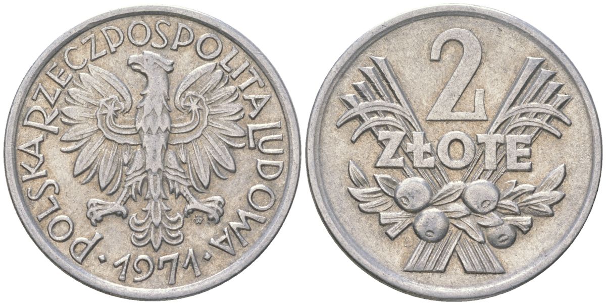 Польша 2 злотых 1971 MW, редкий год Y 46 алюминий 4616-751