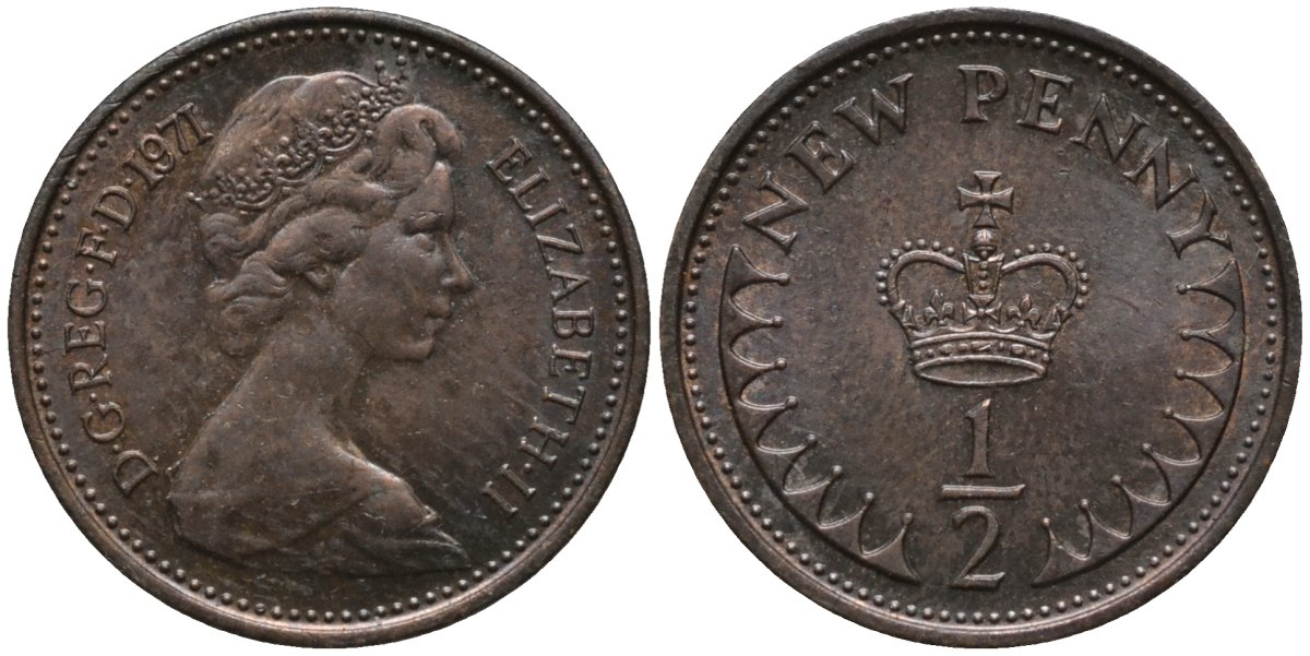 Великобритания 1/2 пенни 1971 Елизавета II (1952-2022) KM 914, Spink 4239 бронза 99-827