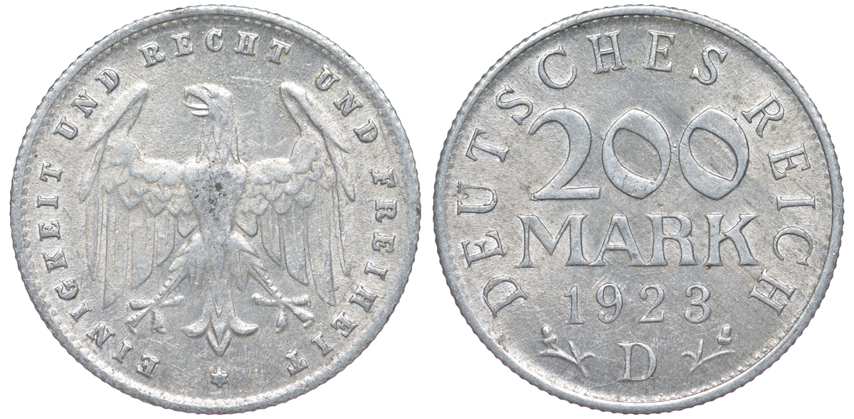 Германия 200 марок 1923 D KM 35, J. 304, Weege 22 алюминий 4604-612