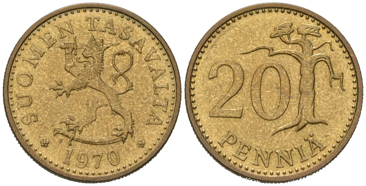 Финляндия 20 пенни 1970 S, один из самый редких годов выпуска - 230.000 KM 47 алюминиевая бронза aUNC 4579-1233