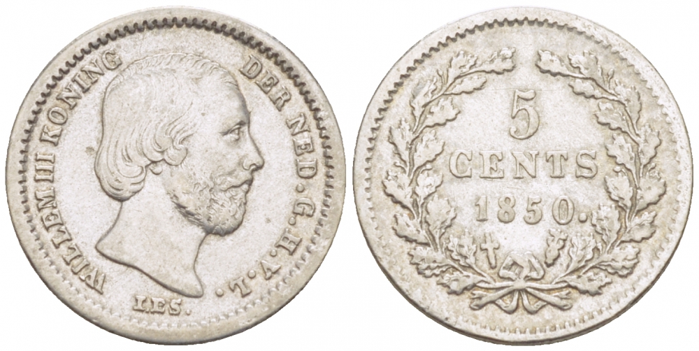 Нидерланды 5 центов 1850 Виллем III (1849-1890), точка после даты KM 91 серебро 3457-1219