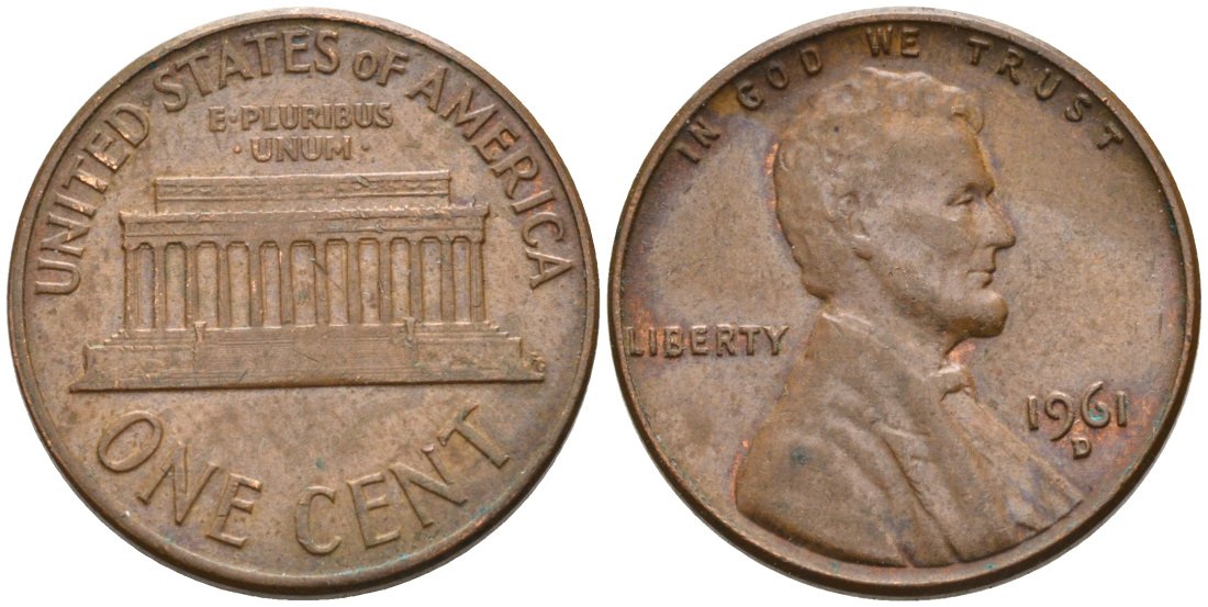 США 1 цент 1961 D, Авраам Линкольн KM 201 медь цинк 4564-349