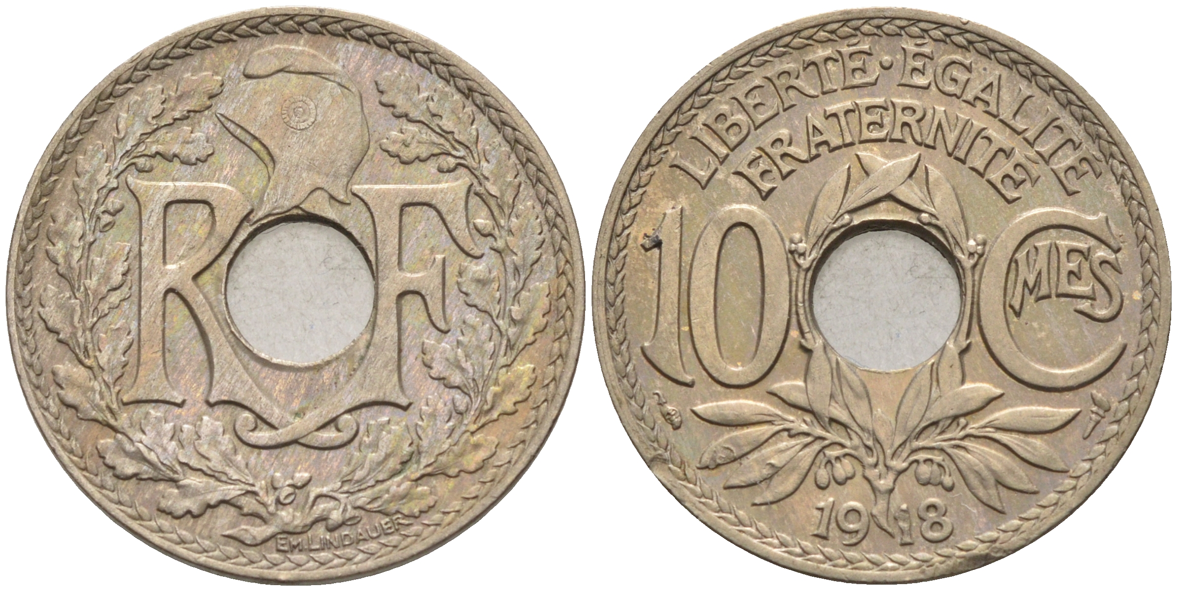 Франция 10 сантимов 1918 тип Линдайё KM 866a, Le Franc 138.3 медно-никель 4116-445