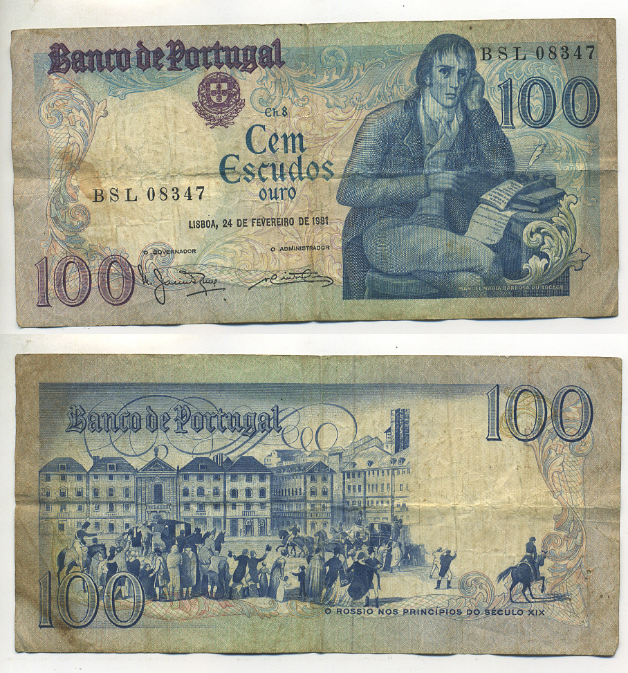 ПОРТУГАЛИЯ 100 ЭСКУДО 1981 24 ФЕВРАЛЯ 1981, МАНУЭЛЬ МАРИЯ БАРБОЗА ДУ БОГАЖЕ ПОРТУГАЛЬСКИЙ ПОЭТ, 19 ВЕК ПЛОЩАДЬ РОССИО В ЛИССАБОНЕ Pick 178b бумага 7552-46-3