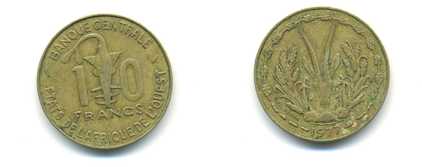 ЗАПАДНАЯ АФРИКА 10 ФРАНКОВ 1977 KM 1а алюминий никель бронза 86-1646