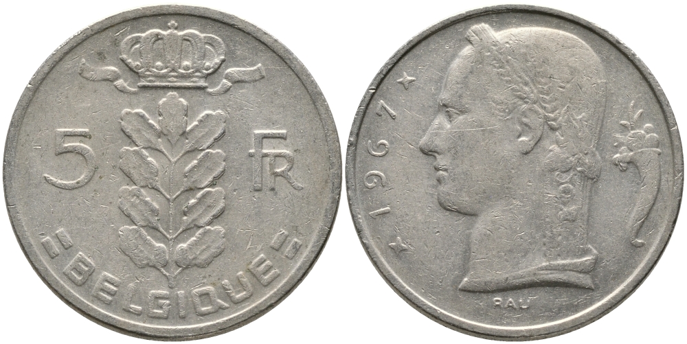 БЕЛЬГИЯ 5 ФРАНКОВ 1967 BELGIQUE KM 134.1 медно-никель 65-1145