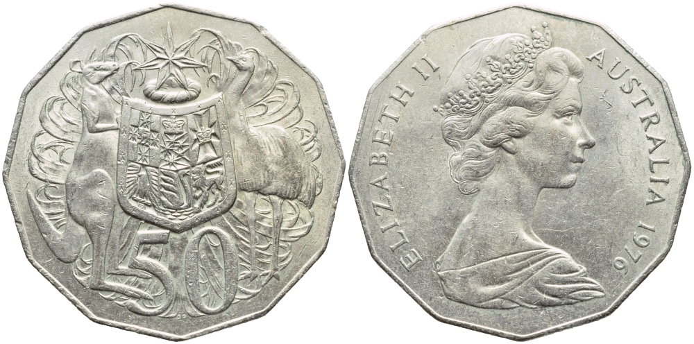 Австралия 50 центов 1976 Елизавета II (1952-2022), герб Австралии, кенгуру KM 68 медно-никель 4394-422