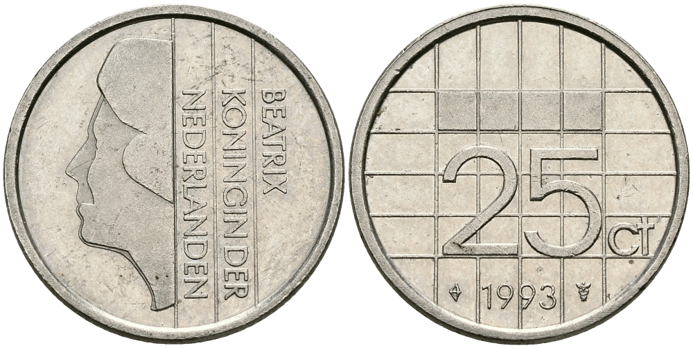 НИДЕРЛАНДЫ 25 ЦЕНТОВ 1993 БЕАТРИКС KM 204 никель 96-326