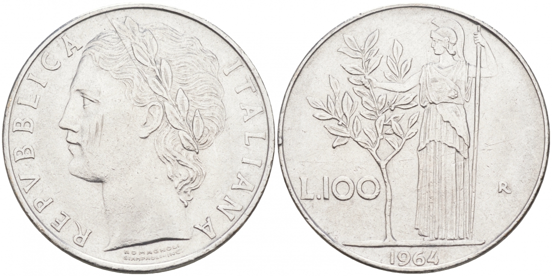 ИТАЛИЯ 100 ЛИР 1964 R, АФИНА KM 96.1 нержавеющая сталь 3855-744