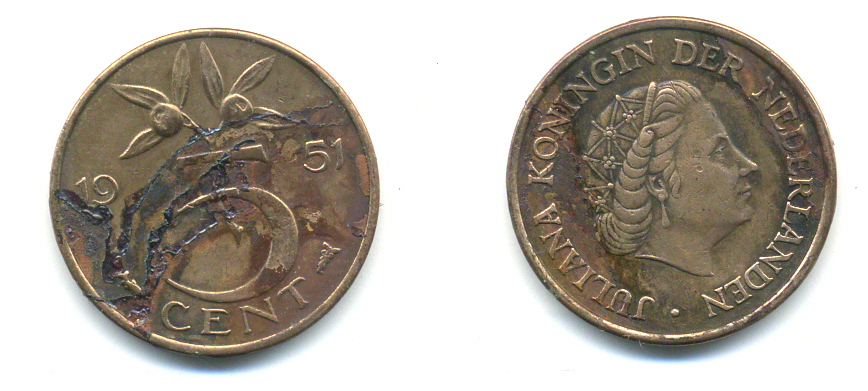 НИДЕРЛАНДЫ 5 ЦЕНТОВ 1951 ЮЛИАНА KM 181 бронза 83-845