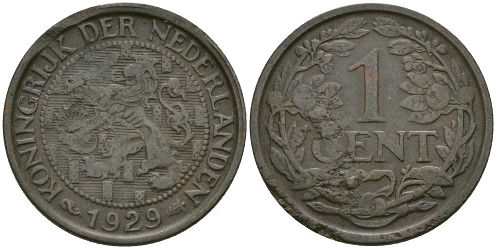 Нидерланды 1 цент 1929 Вильгельмина (1890-1948) KM 152 бронза 4576-1119
