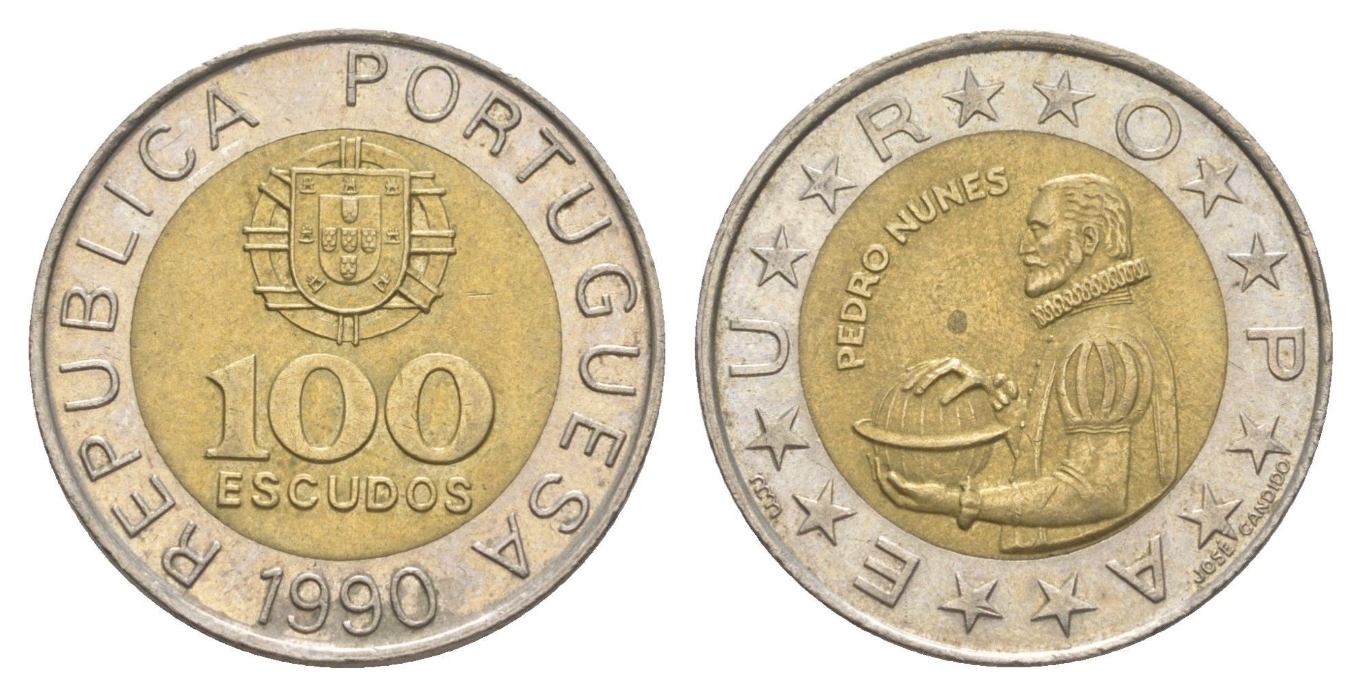 Португалия 100 эскудо 1990 Педру Нуниш (1502-1578), математик KM 645 биметалл 4633-751