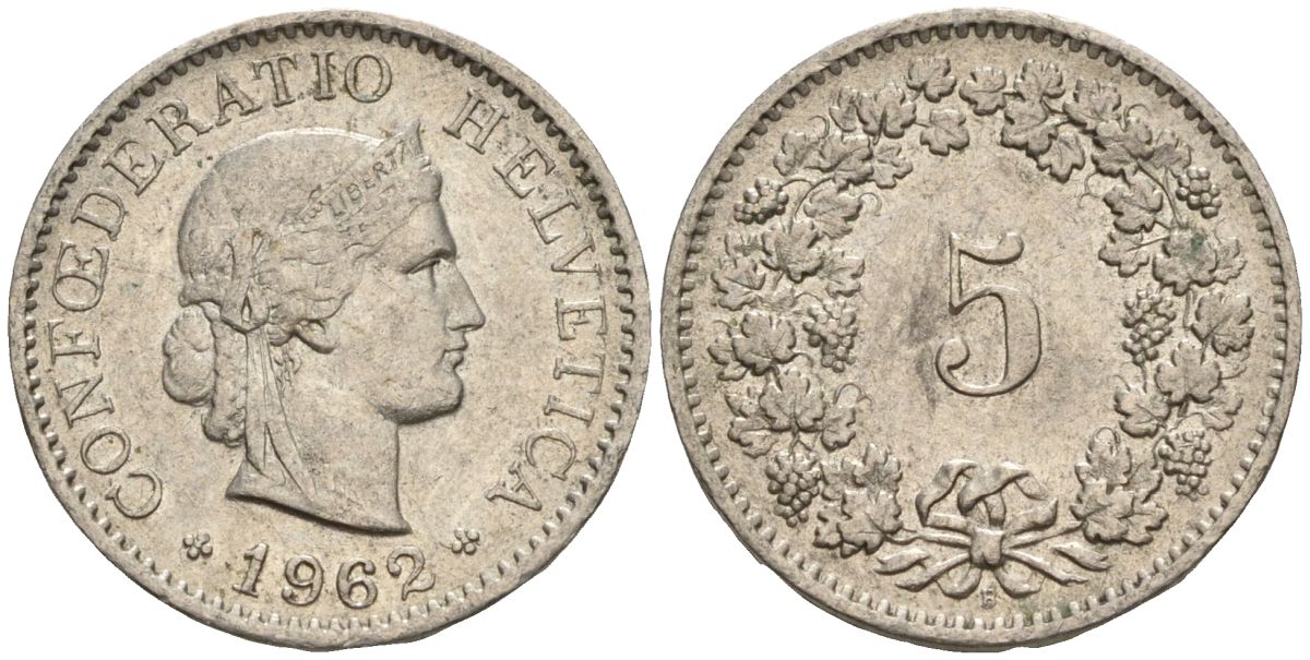 Швейцария 5 раппенов 1962 B KM 26 медно-никель 4608-449