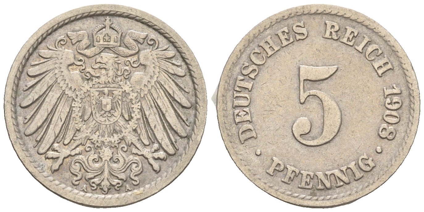 Германия 5 пфеннигов 1908 A KM 11, Jager 12, Weege 6 медно-никель 4609-268