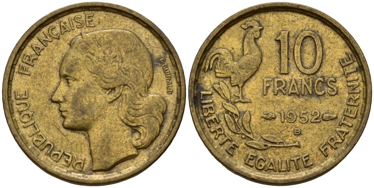 Франция 10 франков 1952 петух KM 915.1, Le Franc 363.4 алюминиевая бронза 4156-717