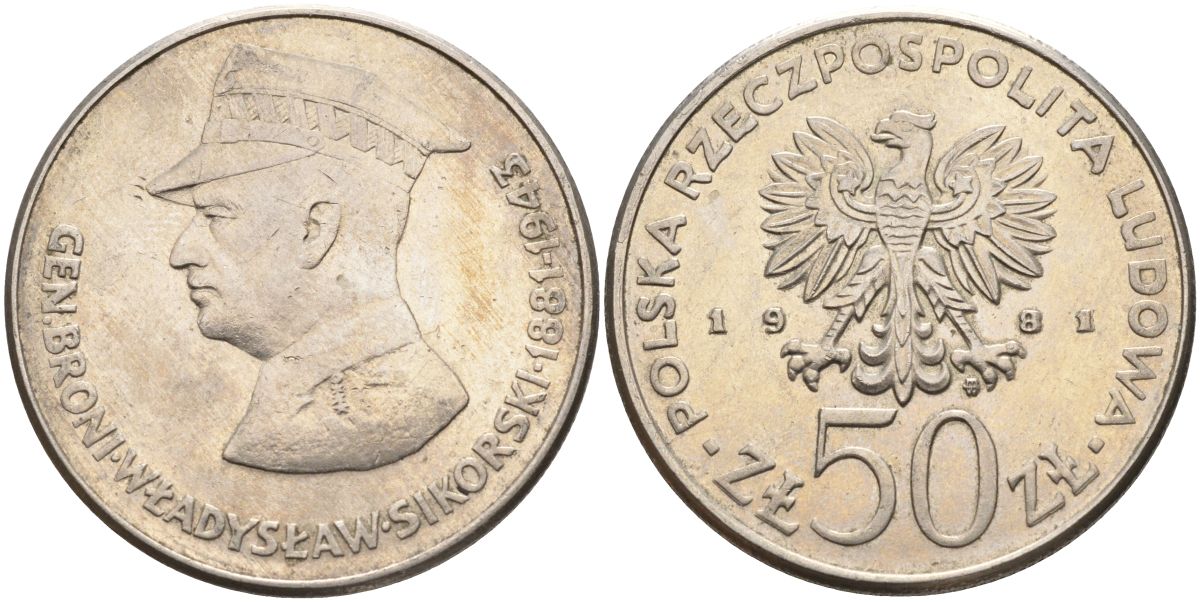 Польша 50 злотых 1981 MW, военачальники Второй мировой войны - Владислав Сикорский Y 122 медно-никель 88-1246