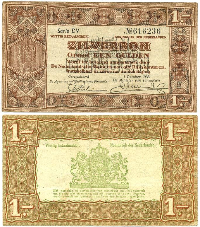 Нидерланды 1 гульден 1938 серебряный ваучер, в серии 2 буквы, 6 цифр Pick 61, Akkermans 4.1 b  бумага 7147-17-2