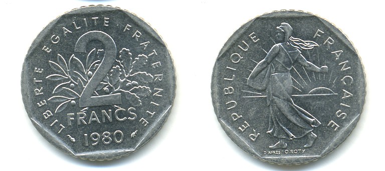 ФРАНЦИЯ 2 ФРАНКА 1980 СЕЯТЕЛЬ KM 942.1, LE FRANC 272.4 никель 57-455