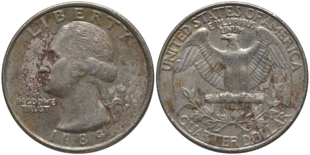 США 25 ЦЕНТОВ = КВОТЕР 1989 ЛИНКОЛЬН KM А164а медь плакированная медно-никелем 181-122