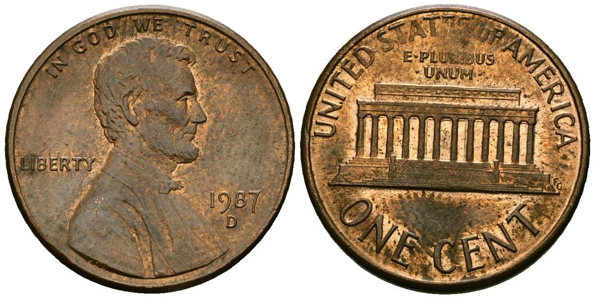США 1 цент 1987 D, Линкольн KM 201b цинк плакированный медью 4136-328