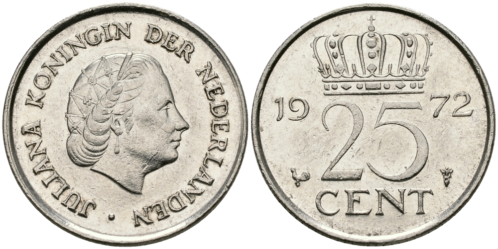 Нидерланды 25 центов 1972 Юлиана (1948-1980) KM 183 никель 96-227