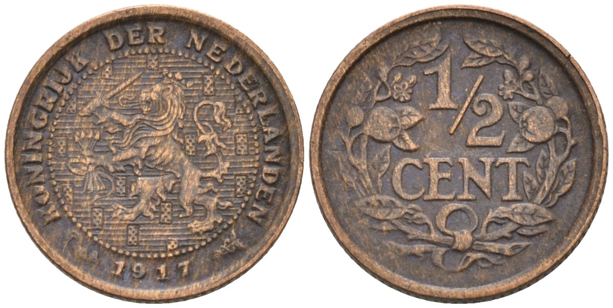 Нидерланды 1/2 цента 1917 Вильгельмина (1890-1948) KM 138 бронза 4576-415