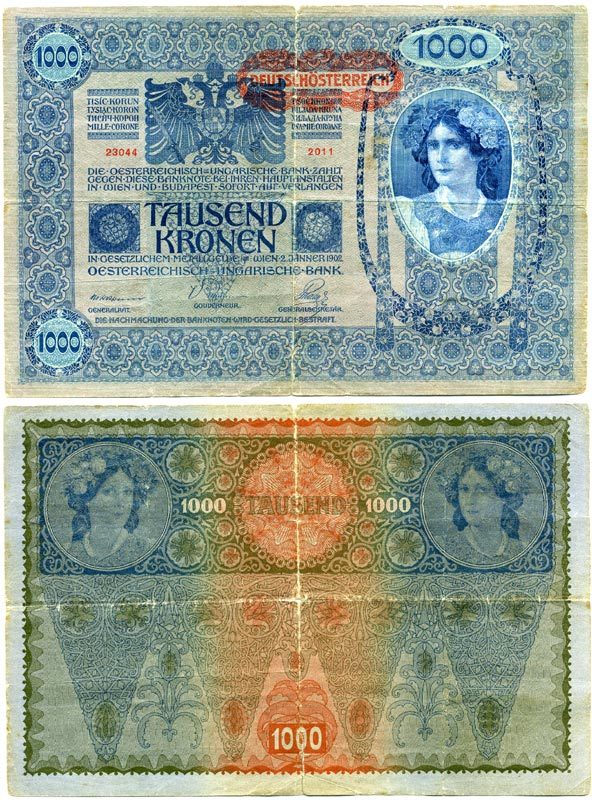 АВСТРИЯ 1000 КРОН 1919 КРАСНАЯ ГОРИЗОНТАЛЬНАЯ НАДПЕЧАТКА НА 1902 Pick 60 бумага 2192-88-1