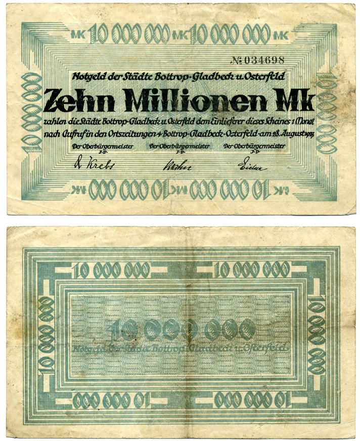 БОТТРОП-ГЛАДБЕК-ОСТЕРФЕЛЬД 10000000 марок (10 миллионов) 1923 28 августа 1923, нотгельд, земля СЕВРНЫЙ РЕЙН-весТФАЛИЯ Keller 544f бумага 2193-32-3-2